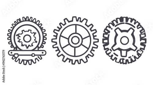 Three stylized gear illustrations against a white background, in a simple, linear design