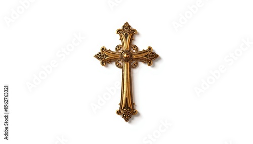 Isolated vintage gold Christian cross on white