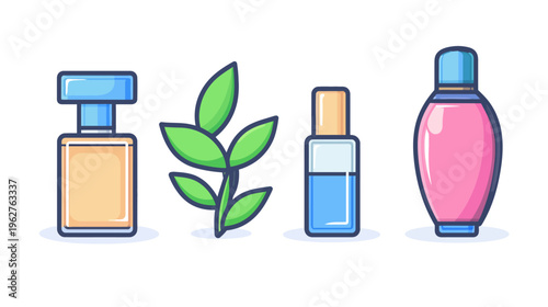 A collection of perfume bottles and a sprig of leaves presented in a cartoonish and colorful style