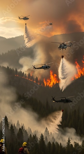 Aerial Firefighting - Helicopters Battling Wildfire in a Forest Landscape.