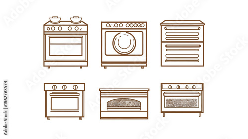 Stylized line drawings of six different kitchen appliances ovens and a washing machine