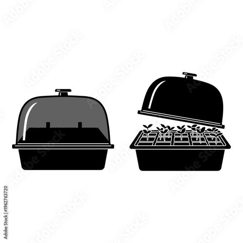 Black, serving dish icons, cloche, food cover, vector graphics