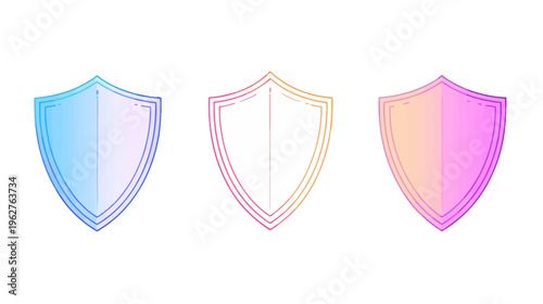 Three gradient-filled shields in blue, orange, and purple hues with a modern, simple design