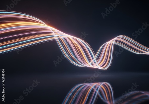 Abstract swirling light trails in orange and blue hues creating a dynamic and futuristic wavy pattern on a dark background
