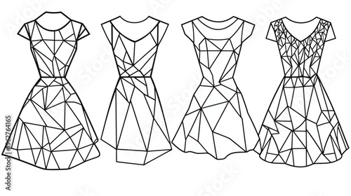 Four stylized dresses rendered in black lines, showcasing geometric patterns and variations