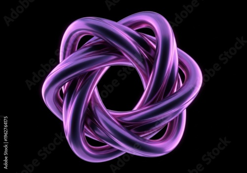 A complex, interlocking metallic purple torus knot sculpture on a black background, representing infinity or complexity