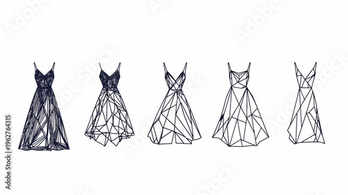 Stylized line art image featuring five different sleeveless dresses in various geometric forms