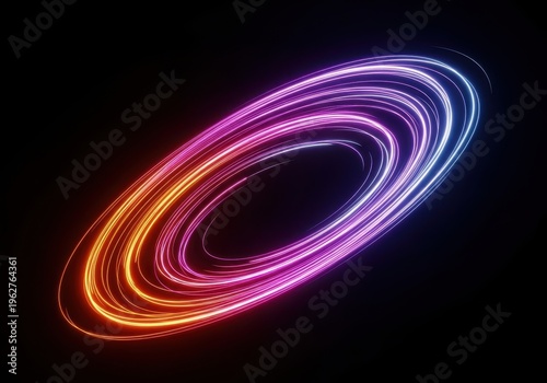 A swirling vortex of colorful light trails in pink, purple, and orange on a black background, representing energy