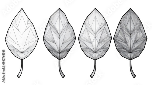 Four stylized, grayscale leaves, each with geometric facets and varying shading, against a white backdrop