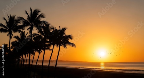 Tropical Sunset Silhouette: A row of palm trees creates a dramatic silhouette against a vibrant sunset sky, casting long shadows on the serene beach. The warm.