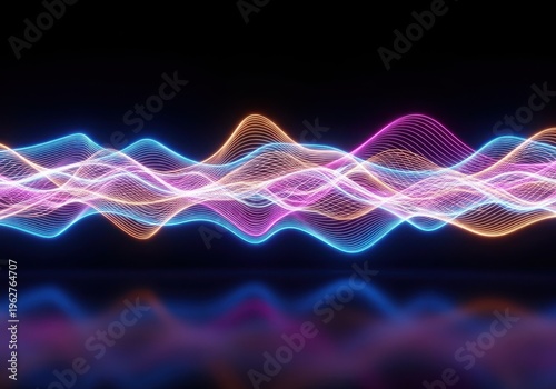 Abstract colorful sound wave visualization with glowing neon lines on a dark background