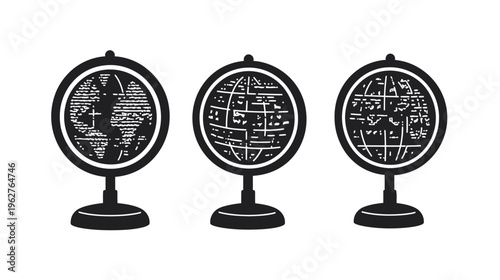 Three minimalist black and white globe icons on stands, representing global concepts