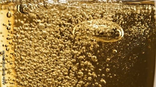 Golden liquid with numerous effervescent bubbles rising