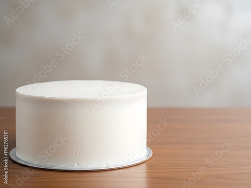 Elegant minimalist white cake ready for customization against serene backdrop