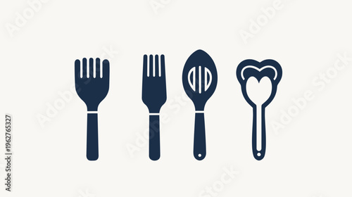 Four minimalist, dark blue kitchen utensils, like a fork, spoon, and spatula, on a white background