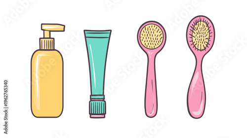 A collection of bath and body essentials with a modern cartoon-like aesthetic, on a white background