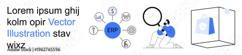 Business processes, data management, enterprise solutions, ERP systems, e-commerce analytics, technology integration. Visual s ERP system connections and shopping bag. Business processes and data