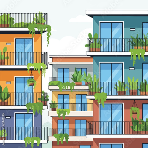 Colorful illustrated buildings, each with balconies and lush greenery