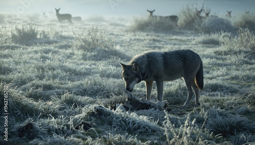 Lone wolf gnawing a bone in icy grass at dawn, surrounded by a still, tense ambiance