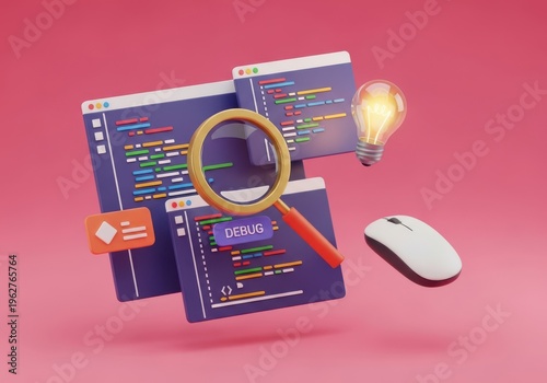 Coding concept with computer screens, magnifying glass, mouse, and light bulb