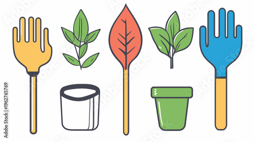 Colorful illustrated gardening set isolated on white, including tools, plants, and pots