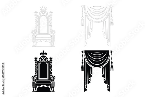 Ornate throne chair and draped curtain silhouettes