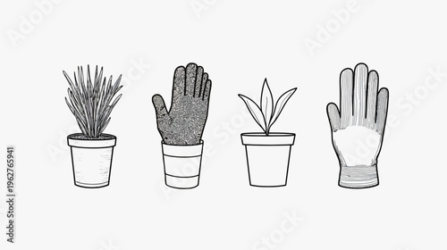Four elements, including potted plants and gloves, rendered in a monochrome, illustrative style