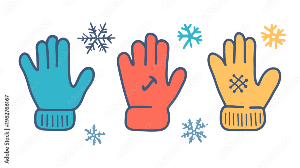 Fototapeta premium Colorful illustrated winter gloves. Includes snowflakes. Stylized handwear in vibrant colors
