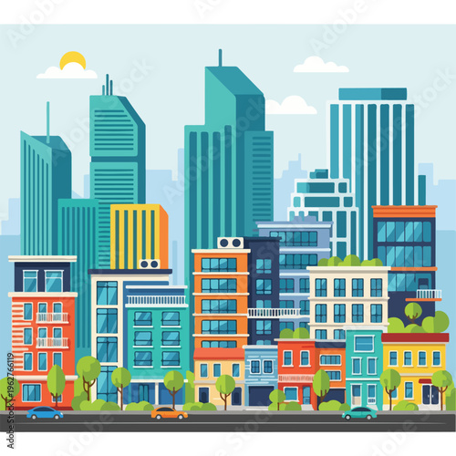 Colorful illustrated cityscape featuring buildings, cars, trees, and a sun