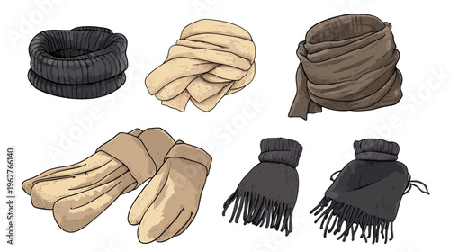 Digitally rendered assortment of winter apparel, including scarves, gloves, and a neck warmer