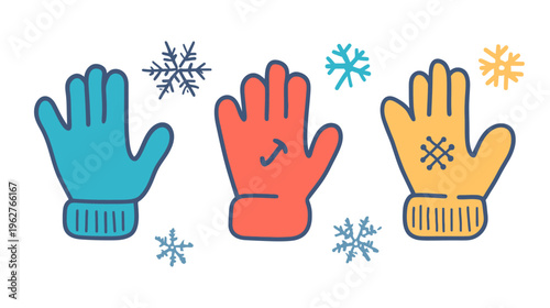 Colorful illustrated winter gloves. Includes snowflakes. Stylized handwear in vibrant colors