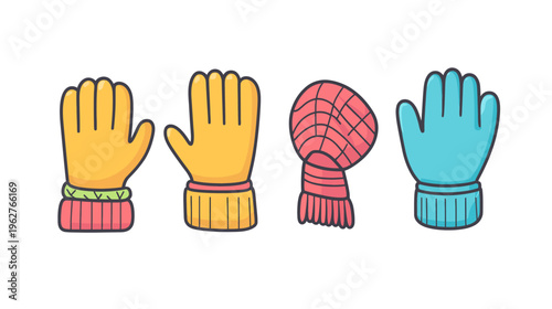 Colorful illustrated winter gloves and scarf set isolated against a plain white background