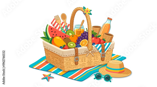 Abundant Summer Picnic Basket Filled With Fresh Fruits and Refreshments.