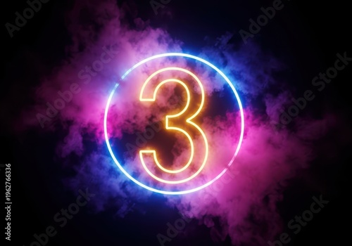 Glowing neon number 3 encircled by vibrant pink and blue smoke, creating a dramatic and energetic visual effect