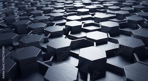Abstract dark background with a three dimensional hexagonal pattern.