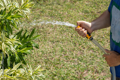 A person is seen from a close-up perspective, holding a garden hose and watering green plants. The water streams out of the nozzle, nourishing the vibrant foliage in an outdoor garden setting.