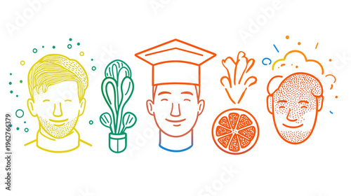 Colorful illustrated line art featuring faces, a plant, and a citrus fruit