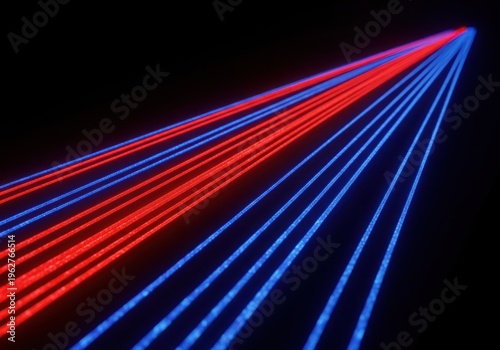 Red and blue laser beams cutting through darkness, creating a dynamic and futuristic effect