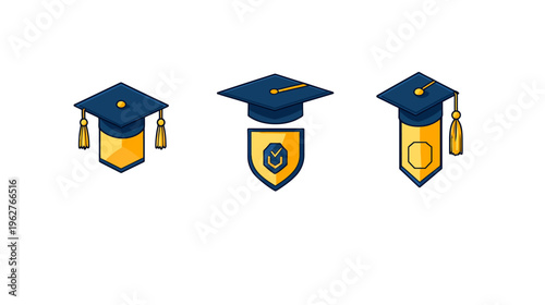 Three stylized, isometric illustrations feature mortarboards, badges with geometric shapes and tassel