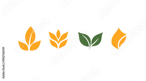 Collection of stylized leaf icons in shades of orange and green, set against a clean white backdrop