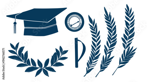 Silhouetted symbols of achievement, including graduation cap, laurel wreath, and decorative plants