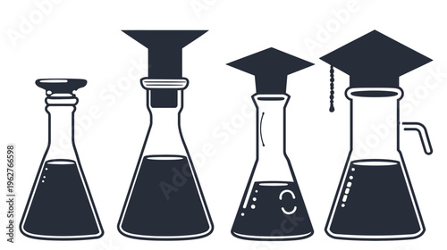 Four stylized lab flasks, some with lids, graduation caps, and varying designs