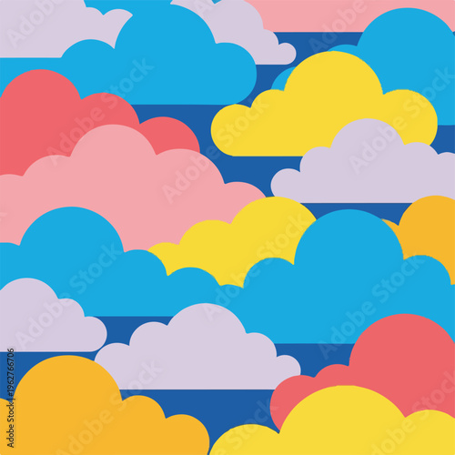 Colorful illustrated cloud pattern with various shapes and tones