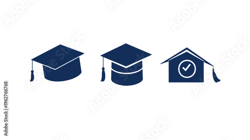 Three stylized, dark blue graduation caps and a house, with check, on white background