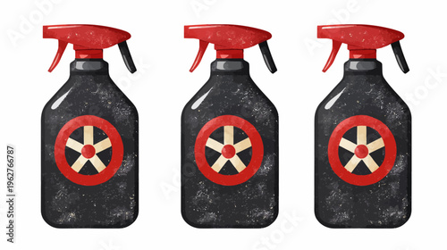 Three spray bottles with a red and beige motif, black body, and spray trigger on a white backdrop