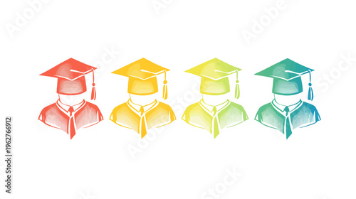 Four stylized graduates in robes and caps with gradient coloring. They face forward