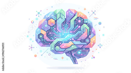 Abstract Digital Brain with Circuits and Glowing Lights.