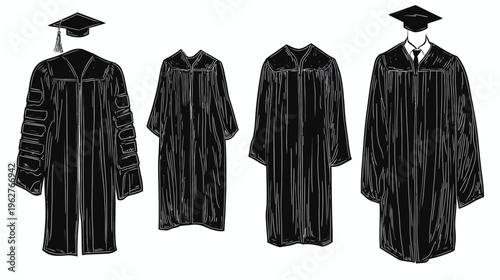 A collection of graduation robes and mortarboards, rendered in a simple black and white style