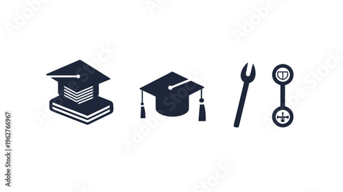 Collection of various dark blue icons against a white background. Symbols of knowledge and tools
