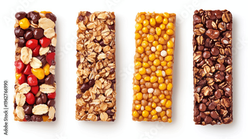 Overhead shot of four different rectangular granola bars with varied ingredients, on white surface
